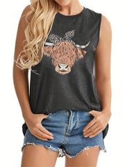 Cow Head Print Crew Neck Tank Top Sleeveless Casual Summer Women's Top