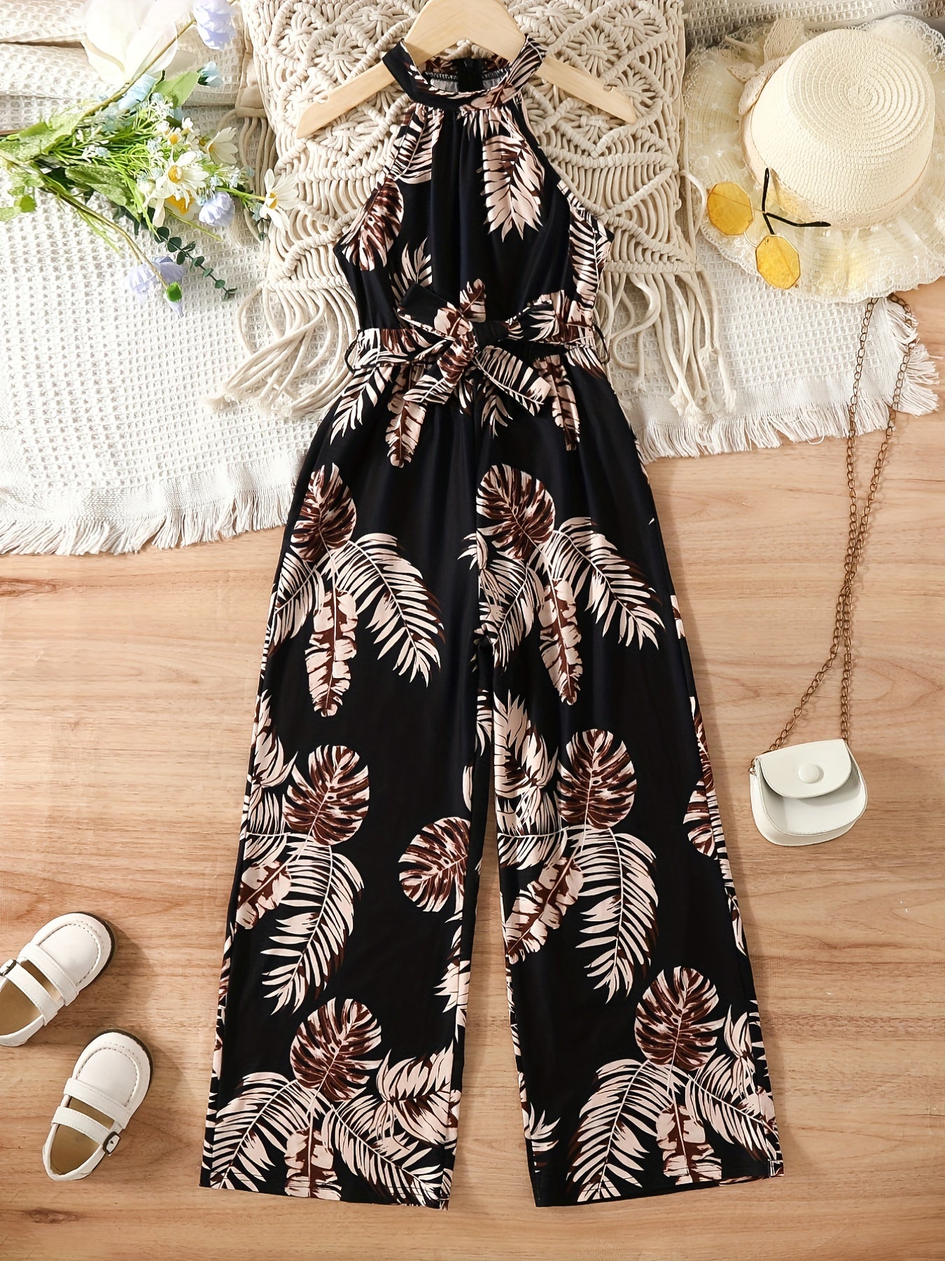 Vintage Leaf Print Halter Neck Sleeveless Jumpsuit for Girls