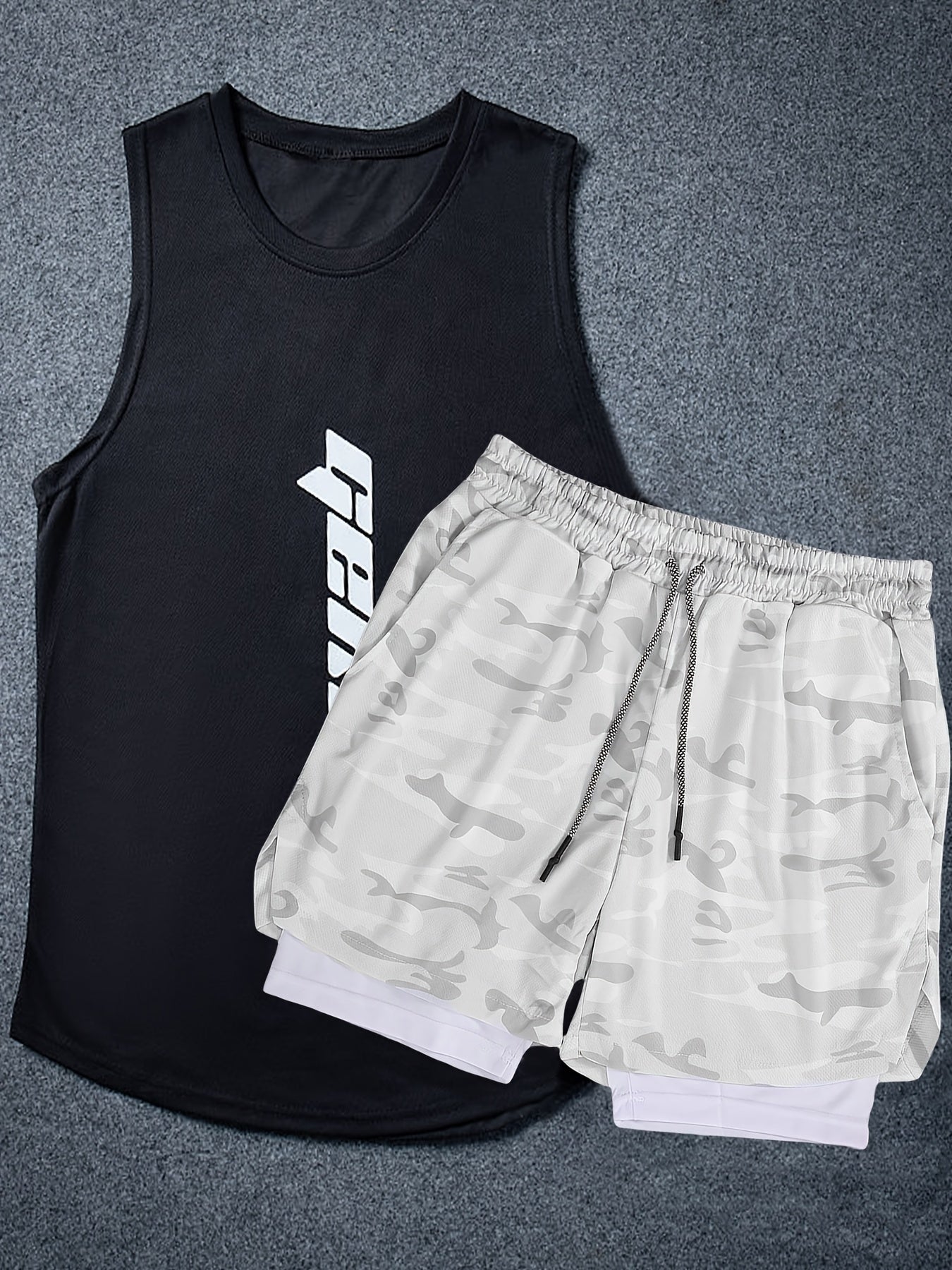 Men's Letter Print Tank Top & Drawstring Shorts Set