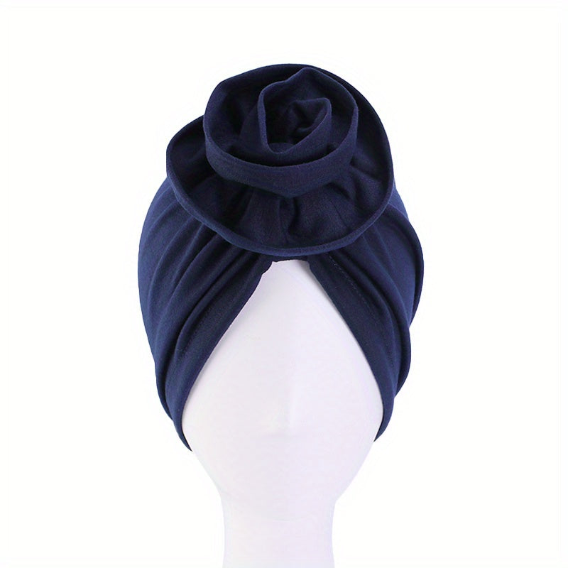 Flower Decor Ruched Turban Cap Solid Bonnet Head Wrap Head Scarf Elastic Beanie