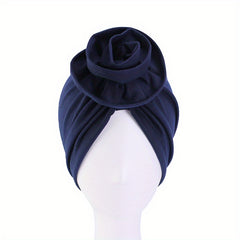 Flower Decor Ruched Turban Cap Solid Bonnet Head Wrap Head Scarf Elastic Beanie