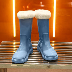 Women's Fleece Lined Rain Boots Waterproof Mid Calf Rubber Shoes