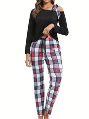 Plaid Print Lounge Set Off Shoulder Top & Pants Women's Loungewear