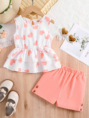 Girls Heart Graphic Peplum Top & Shorts Set for Summer Holiday