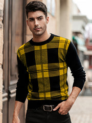 Men's Plaid Crew Neck Sweater Classic Long Sleeve Pullover