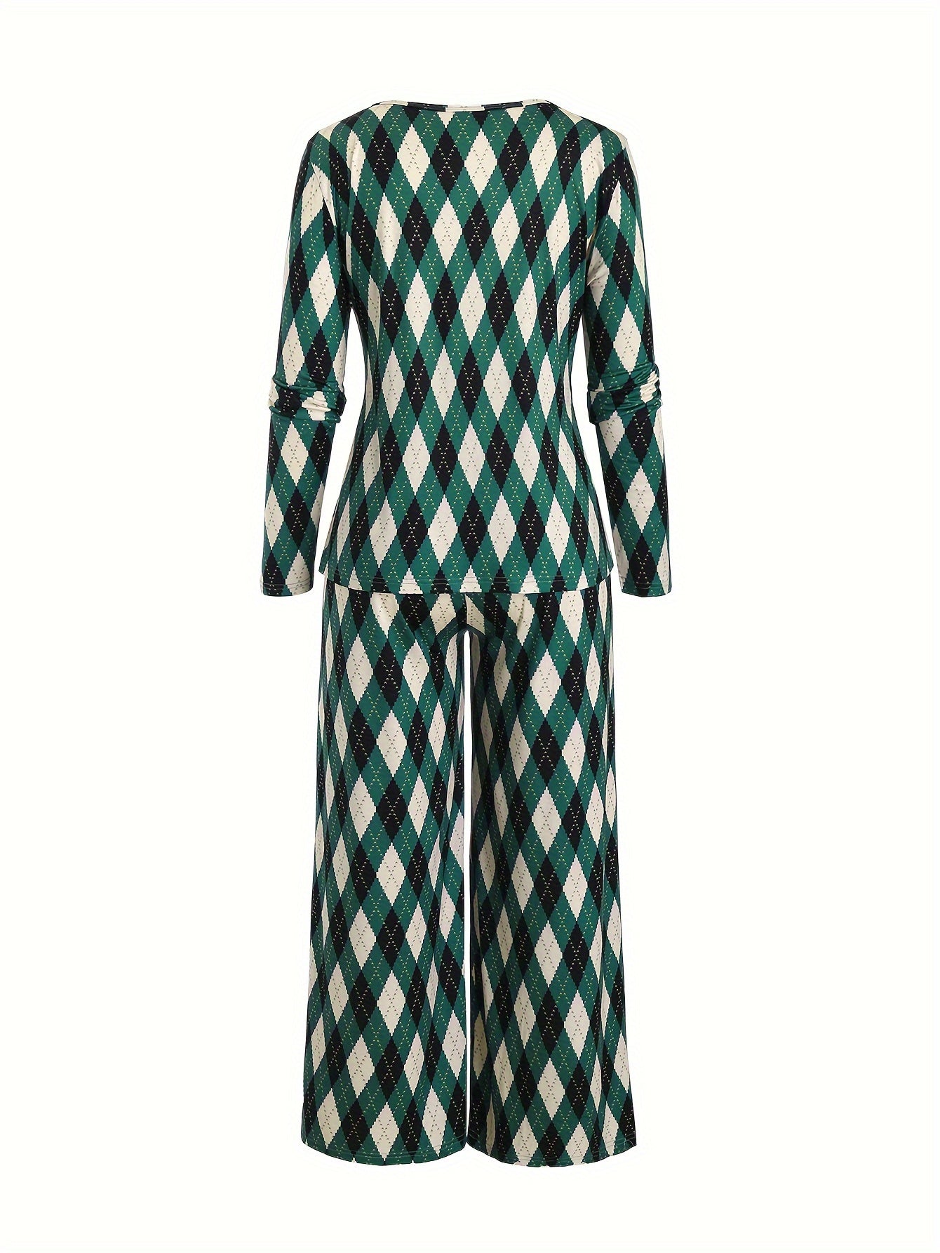 Argyle Print Long Sleeve Tee & Loose Pants Pajamas Set