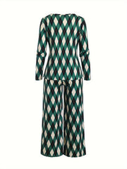 Argyle Print Long Sleeve Tee & Loose Pants Pajamas Set