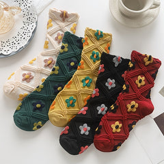 5 Pairs Retro Socks Floral Geometric 3D Textured Women's Stockings