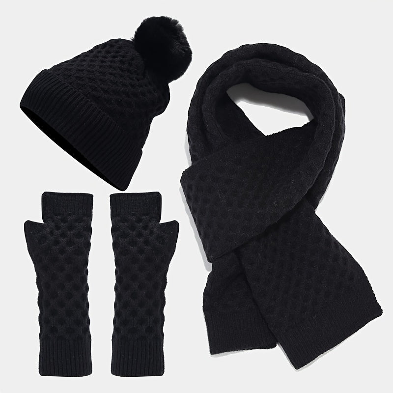 Winter Knit Beanie Scarf Gloves Set Acrylic Warm Accessories Pom Pom Hat
