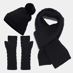 Winter Knit Beanie Scarf Gloves Set Acrylic Warm Accessories Pom Pom Hat