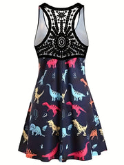 Dinosaur Print Tank Dress with Lace Panel