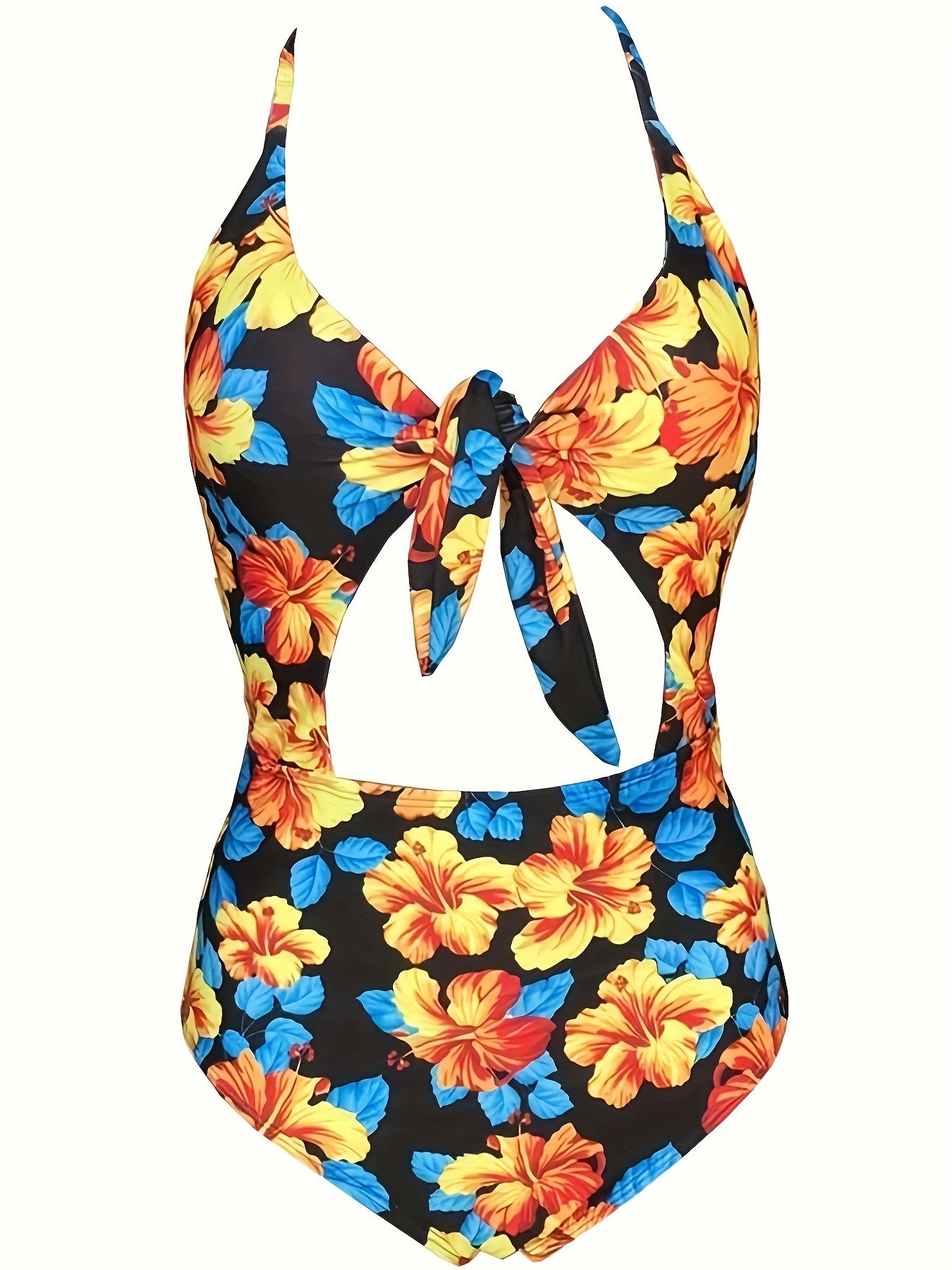 Retro Swimsuit Floral Print Cut Out Twist Front Tummy Control