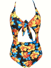 Retro Swimsuit Floral Print Cut Out Twist Front Tummy Control
