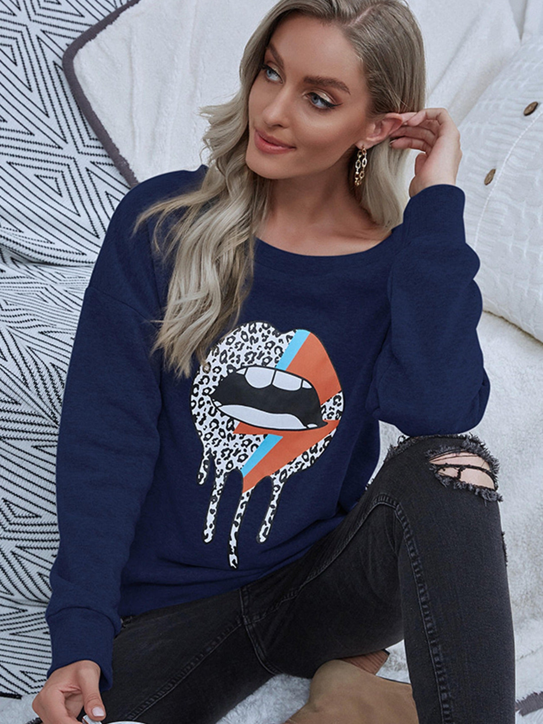 Casual Lip Pattern Print Sweater Crew Neck Top