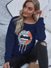 Casual Lip Pattern Print Sweater Crew Neck Top