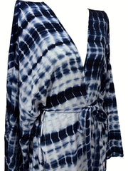 Tie Belt Long Sleeve Kaftan Cover Up Loose Fit V Neck Robe Dress