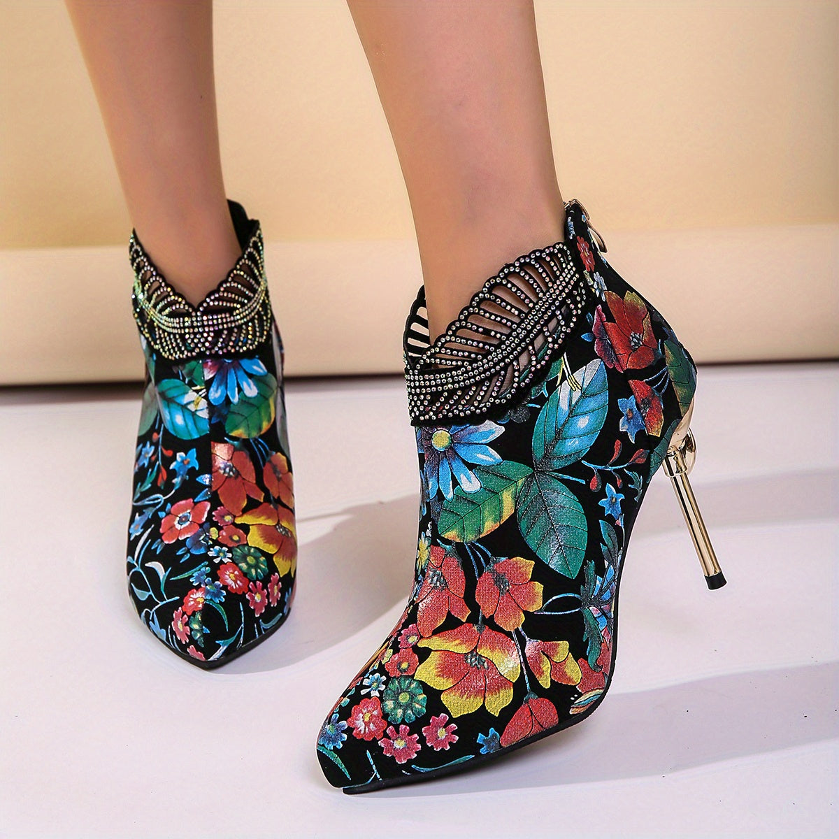 Floral Print Rhinestone Stiletto Heel Boots