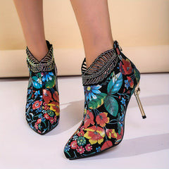 Floral Print Rhinestone Stiletto Heel Boots