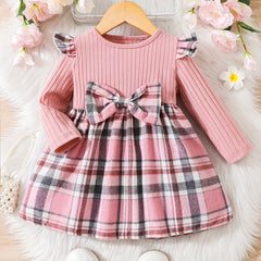Baby Girls Bow Long Sleeve Plaid Dress Knitted Top Pleated Skirt