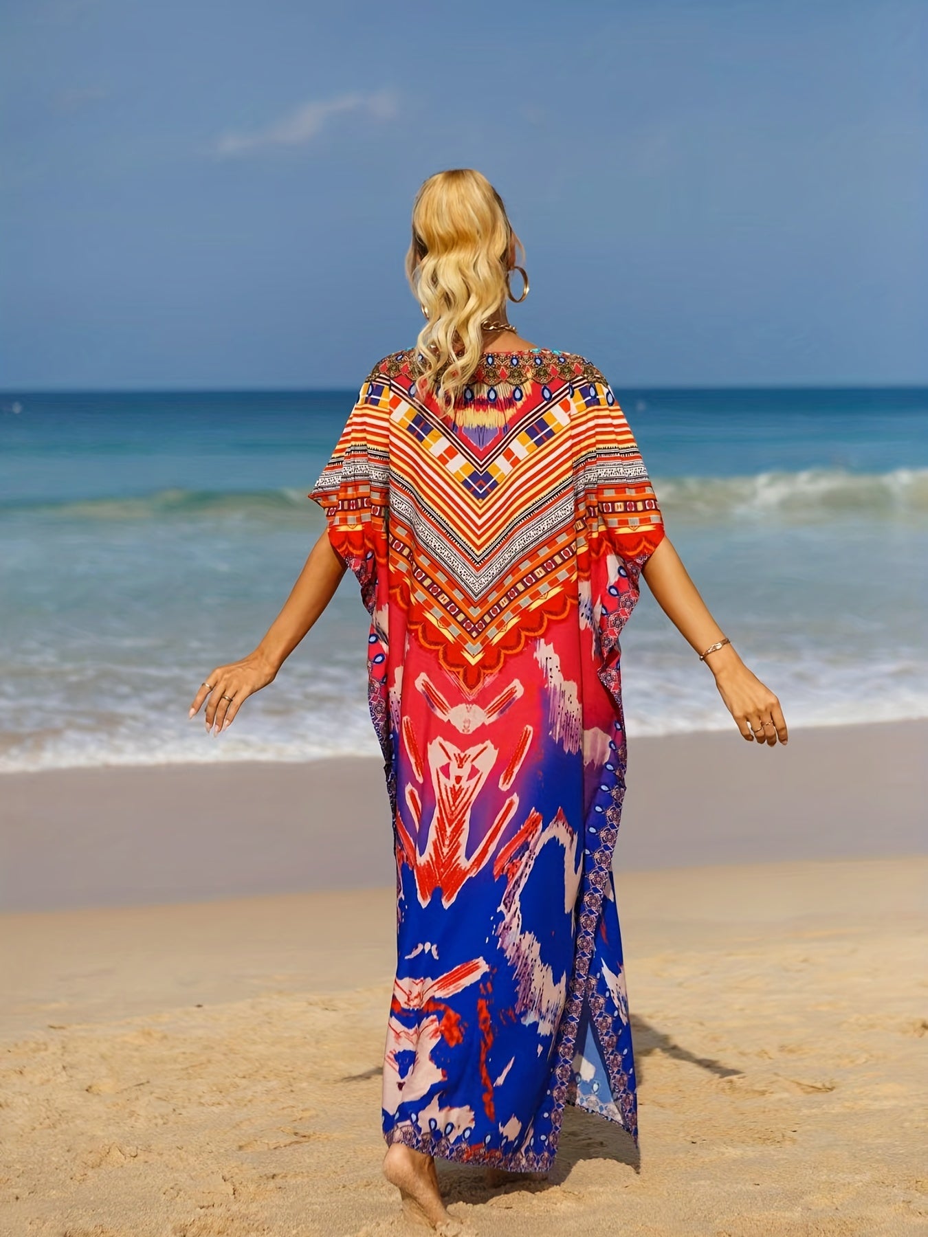 Geometric Print Bat Sleeve V Neck Cover Up Dress