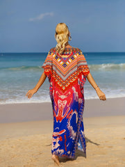 Geometric Print Bat Sleeve V Neck Cover Up Dress