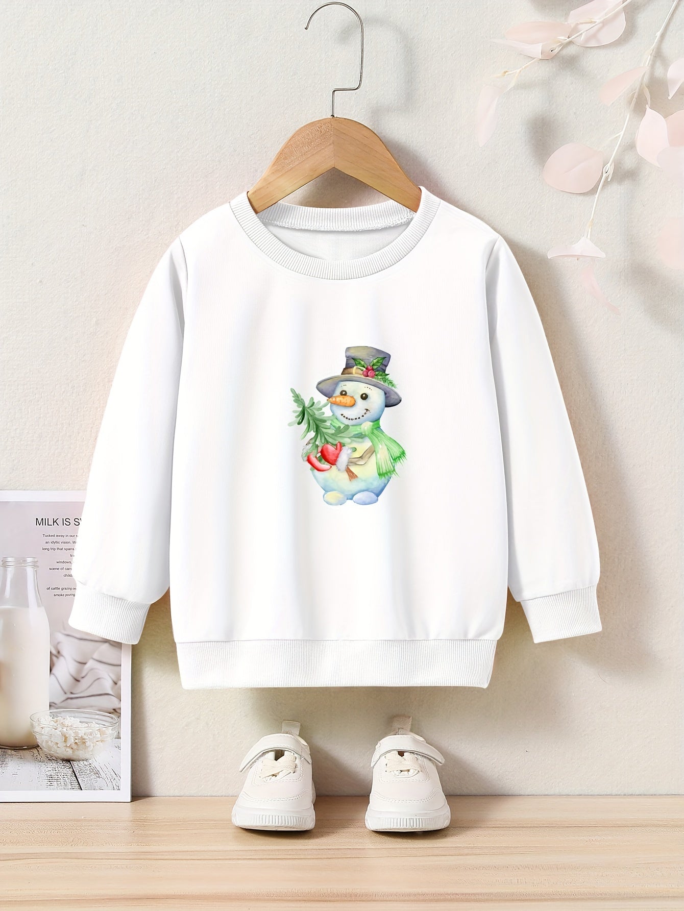 Christmas Snowman Print Girls Pullover Sweatshirt Long Sleeve Crew Neck Tops