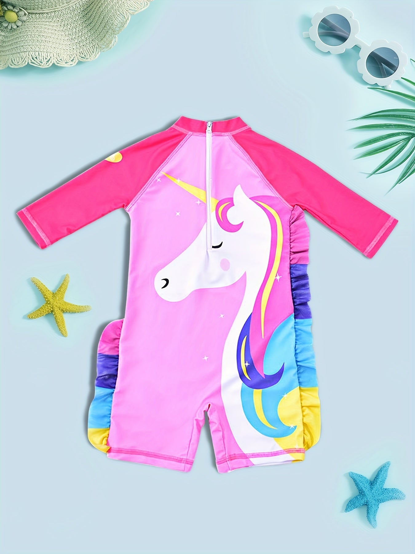Toddler Unicorn Pattern Swimsuit Ruffle Onesie Long Sleeve Bathing Suit