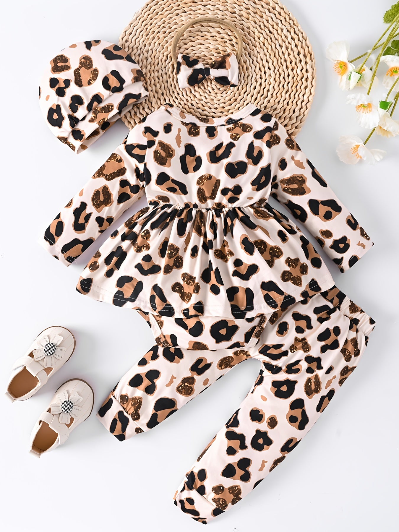 Baby Girls Leopard Print 4pcs Outfit Set Spring Autumn Clothes