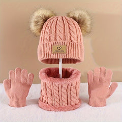Winter Fur Ball Beanie Scarf Gloves Set