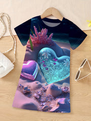 Girls 3D Heart Graphic Short Sleeve Dress Sweet Summer Clothes