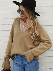 V Neck Lace Flounce Sleeve Sweater