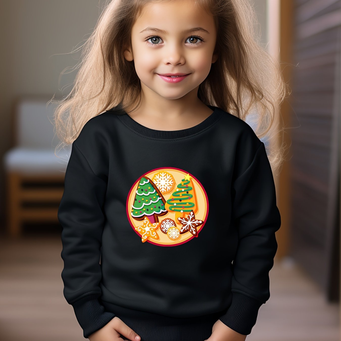 Christmas Cartoon Trees Print Girls Casual Creative Pullover Sweatshirt