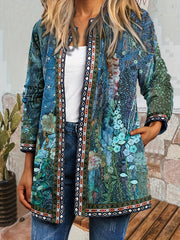 Floral Print Open Front Jacket Long Sleeve Casual Jacket for Fall & Winter