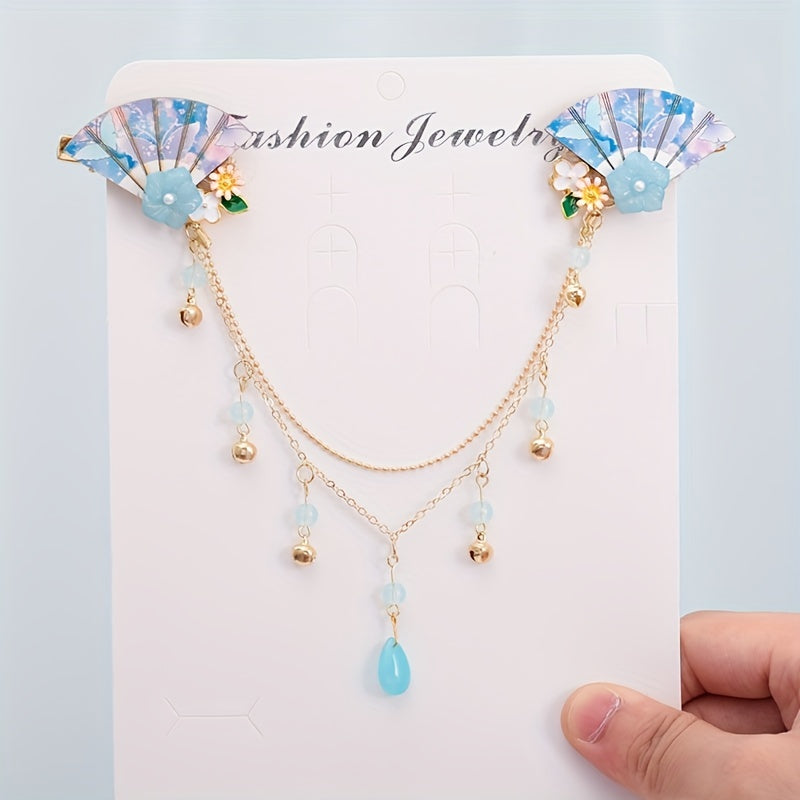 Chinese Style Flower Hair Clip with Tassel Chain - Headdress Jewelry