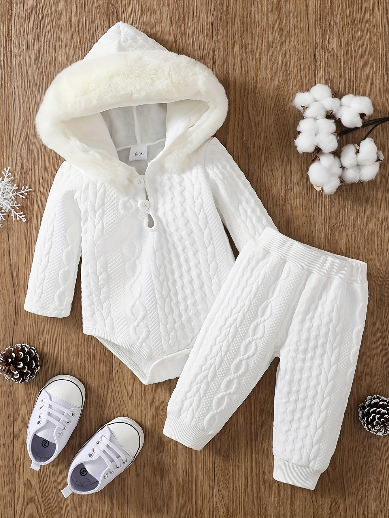 Toddler Baby Winter Thermal Furry Hooded Romper Pants Set