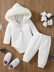 Toddler Baby Winter Thermal Furry Hooded Romper Pants Set