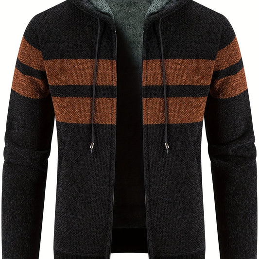 Men's Striped Pattern Hooded Cardigan with Teddy Lining