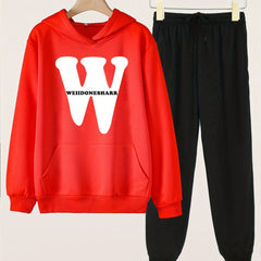 2pcs W Letter Print Hoodies With Pocket Jogger Pants Set For Girls