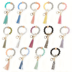 Silicone Keychain Tassel Wooden Beads Wrist Keyrings Bracelet