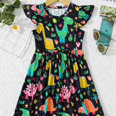 Girls' Cactus & Dino Allover Dress - Comfy Casual Party Vacation Dress