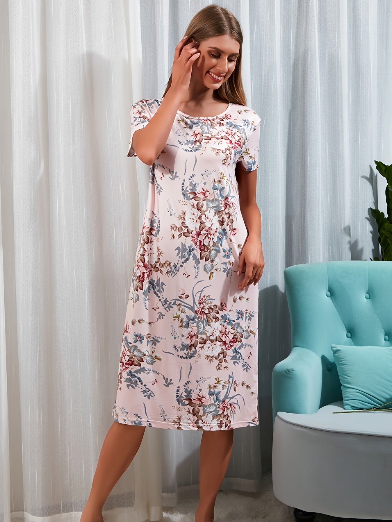 Floral Print Lounge Dress Crew Neck Short Sleeve