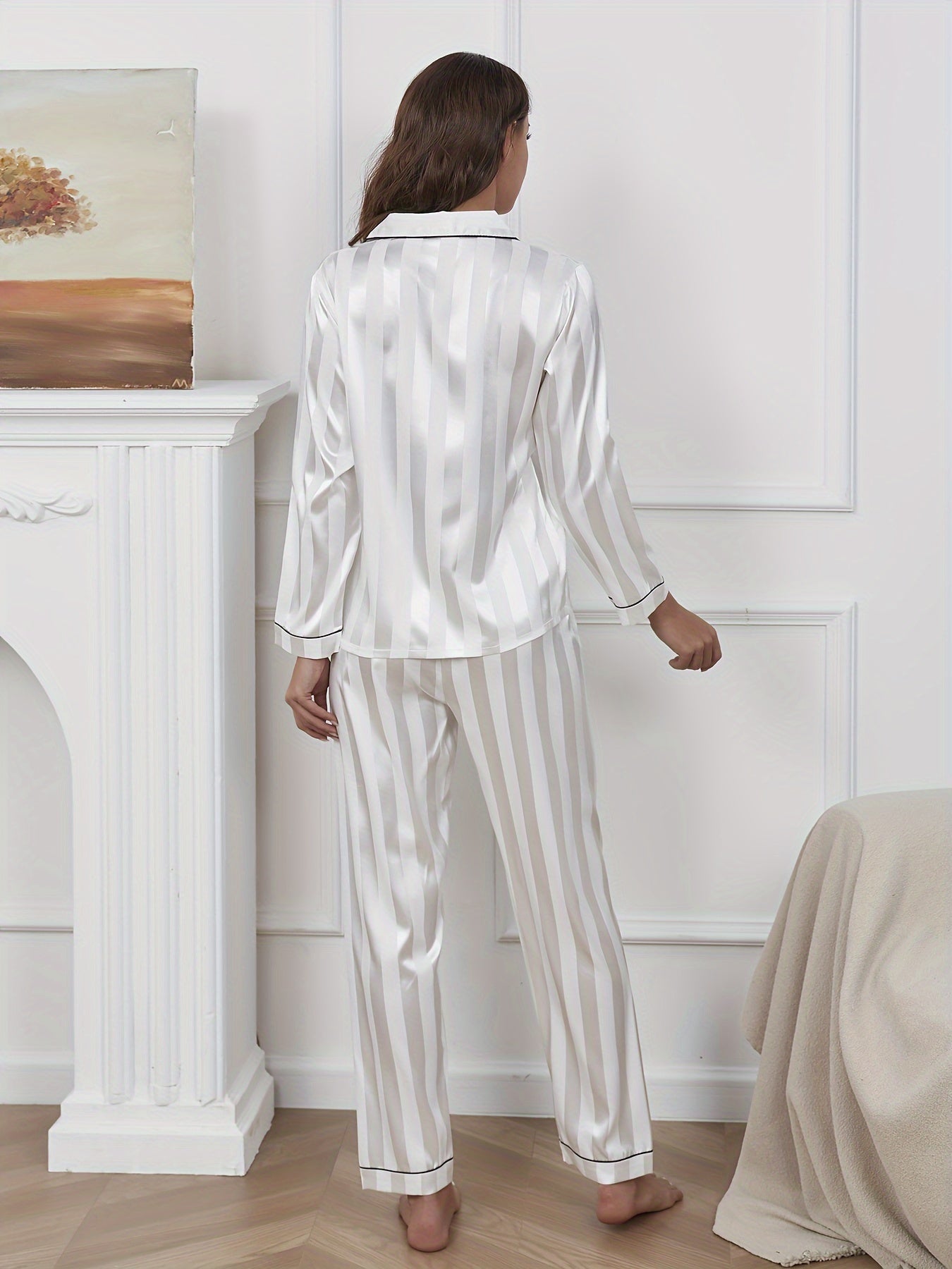 Striped Satin Pajama Set Long Sleeve Buttons Top & Pants