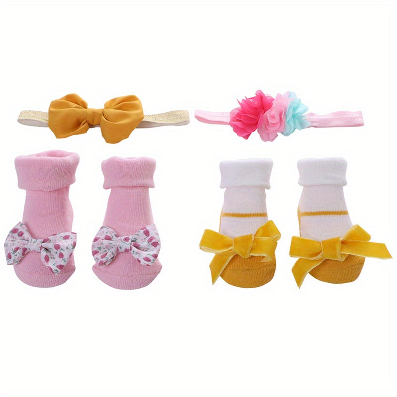4pcs Baby Girls Princess Bow Striped Cotton Flip Socks & Flower Headband Set