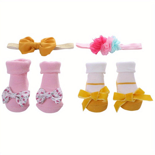 4pcs Baby Girls Princess Bow Striped Cotton Flip Socks & Flower Headband Set