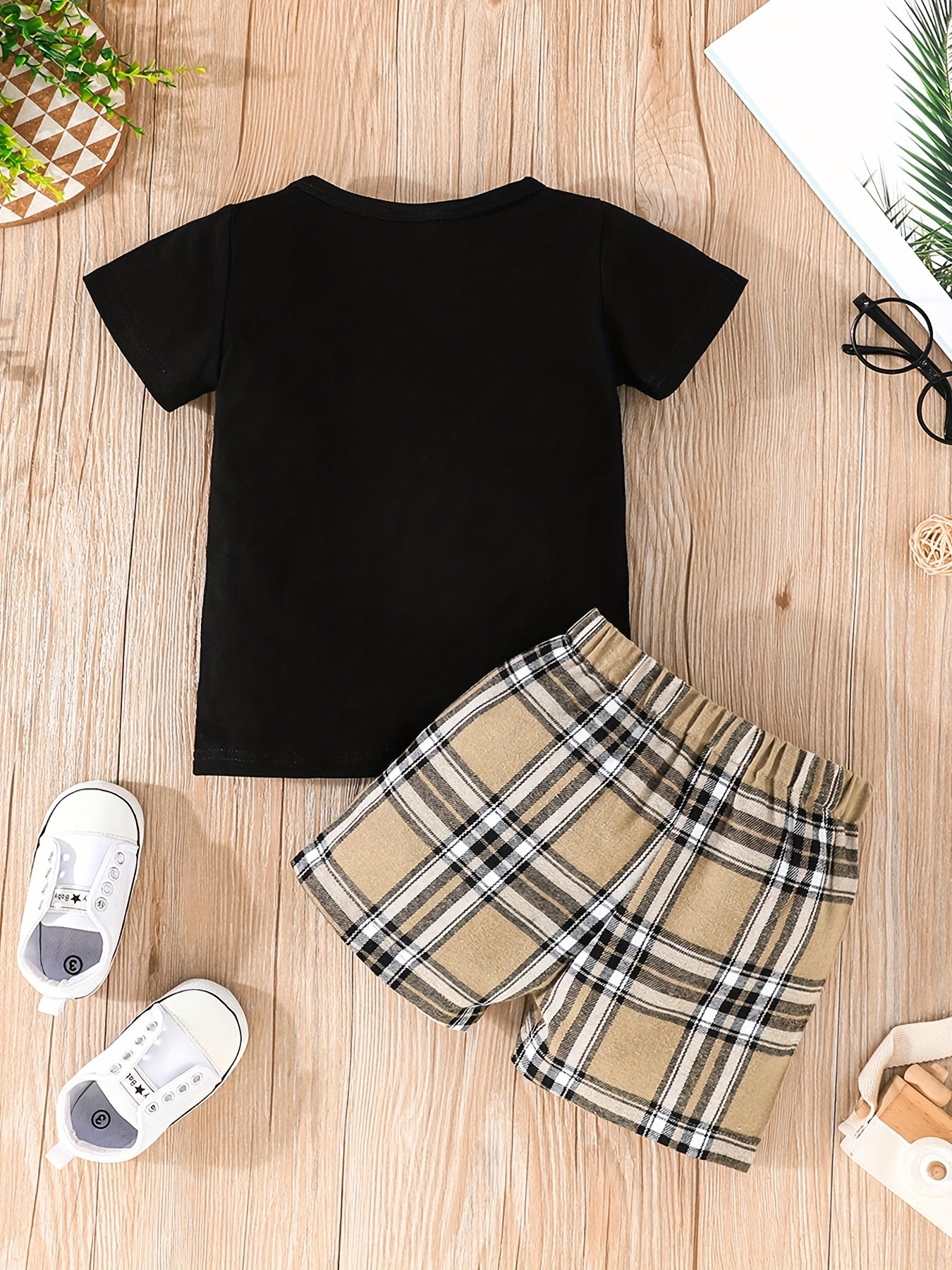2pcs Toddler Baby Boy Plaid T shirt Shorts Set