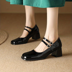 Chunky Heeled Mary Jane Square Toe Double Buckle Strap Mid Heels Patent Leather