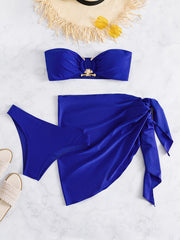 Metal U Ring Bandeau Navy Bikini Set with Cover Up