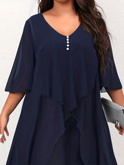 Button Decor Layered Half Sleeve Cloak Event Dress
