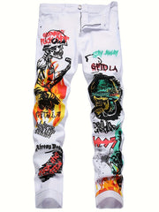 Men's Casual Graffiti Print Skinny Jeans Medium Stretch