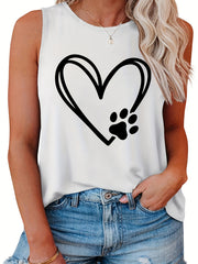 Heart & Paw Print Round Neck Tank Top